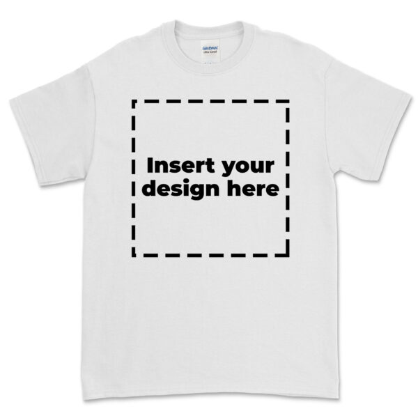 Gildan heavy cotton short sleeve t-shirt laid out on white background