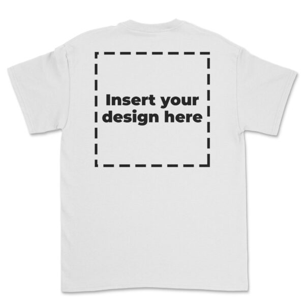 Gildan heavy cotton short sleeve t-shirt laid out on backside on white background
