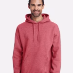 Gildan Custom Dryblend Hooded Sweatshirt in heather red, featuring a soft cotton-poly fabric blend with moisture-wicking performance. Includes adjustable drawstring hood, front pouch pocket, and rib-knit cuffs and hem. Displayed blank for custom print or embroidery.