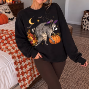 Woman wearing a Jimothy Halloween crewneck sweatshirt