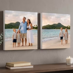 Custom Printed Canvas With Unprinted Edges showing 2 personalized canvases hanging on a wall in a modern living room