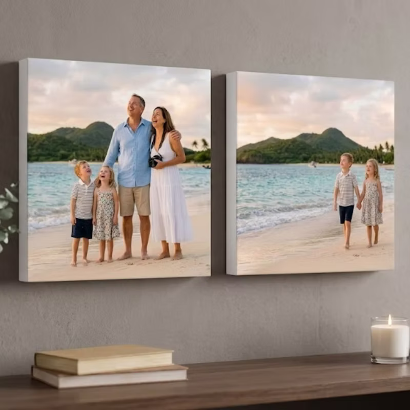 Custom Printed Canvas With Unprinted Edges showing 2 personalized canvases hanging on a wall in a modern living room
