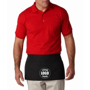 Restaurant worker wearing a custom Liberty Bags three-pocket waist apron with multicolor company logo