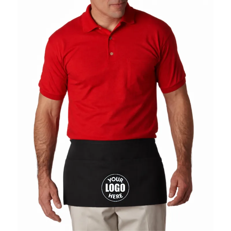 Restaurant worker wearing a custom Liberty Bags three-pocket waist apron with multicolor company logo