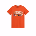 Halloweenie shirt in orange color with six dachshunds dressed in Halloween costumes
