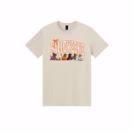 Halloweenie shirt in sand color featuring six costumed dachshunds and orange polka-dot lettering