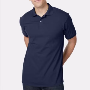 Custom Hanes Men’s EcoSmart Jersey Polo in Navy color front view with personalized company logo