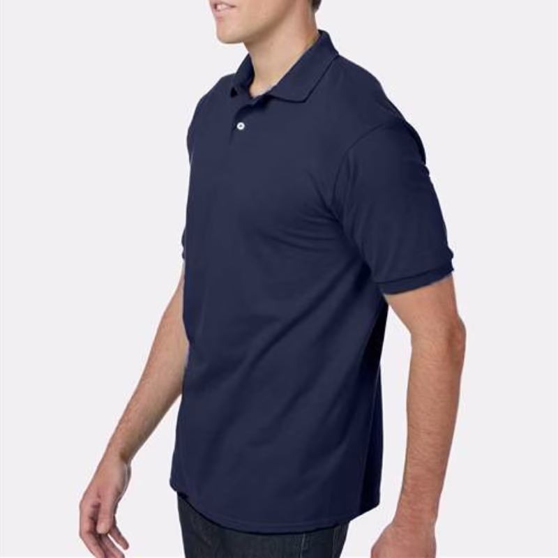 Custom Hanes Men’s EcoSmart Jersey Polo in Navy color side view with personalized company logo