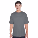 Employee wearing custom Team 365 performance T-shirts with company logo printing