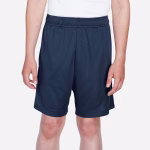 Team 365 youth performance shorts front view in navy color showing team fit and seven-inch inseam