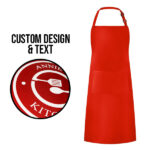 Custom design kitchen apron for men and women in red.