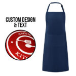 Custom design kitchen apron for men and women in navy blue.