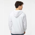 Man standing backwards wearing custom all over zip-up hoodie white showing off back side