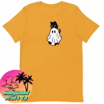 Orange shirt showing a black cat laying on a cute ghost