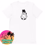 White t-shirt showing a black cat lying on top of a cute ghosts head