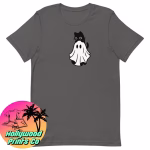 Gray shirt showing a black cat laying on a cute ghost