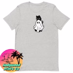 Gray Heather shirt showing a black cat laying on a cute ghost