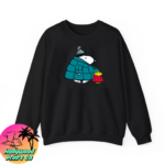 Black Sweater of a dog wearing a puffer jacket with a bird friend
