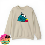 cream sweater of snoopy wearing a puffer jacket
