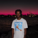 Tropical Sips Slick Brand shirt on model posing in Miami under the beautiful sunset