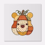 Fall seasonal patchwork Pooh DTF transfer with stitched pumpkin bear design cute autumn shirt transfer for kids and adults