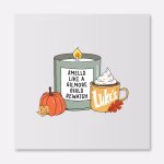 Smells Like a Gilmore Girls Rewatch DTF Transfer with candle, coffee mug, pumpkin, and fall leaves cozy autumn sweatshirt design