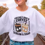 Freshly Boo’d Coffee Halloween Sweater with cute ghost and coffee cup design is a cute funny fall spooky season tee for coffee lovers