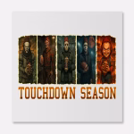 Halloween Touchdown Season DTF Transfer with scary movie characters holding footballs funny horror design for shirts and hoodies
