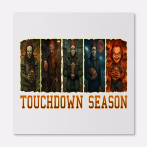 Halloween Touchdown Season DTF Transfer with scary movie characters holding footballs funny horror design for shirts and hoodies