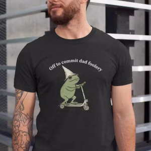 Man wearing an Off to Commit Dad Foolery T-Shirt featuring a funny father frog design, perfect Father’s Day tee and silly dad gift.