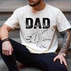Man wearing dad man myth legend custom shirt with kids names on it