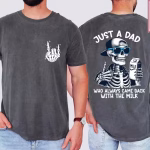Man wearing a Just A Dad Who Always Came Back With The Milk T-Shirt in gray color variant featuring a funny skeleton dad design, perfect Father’s Day gift and dad humor shirt