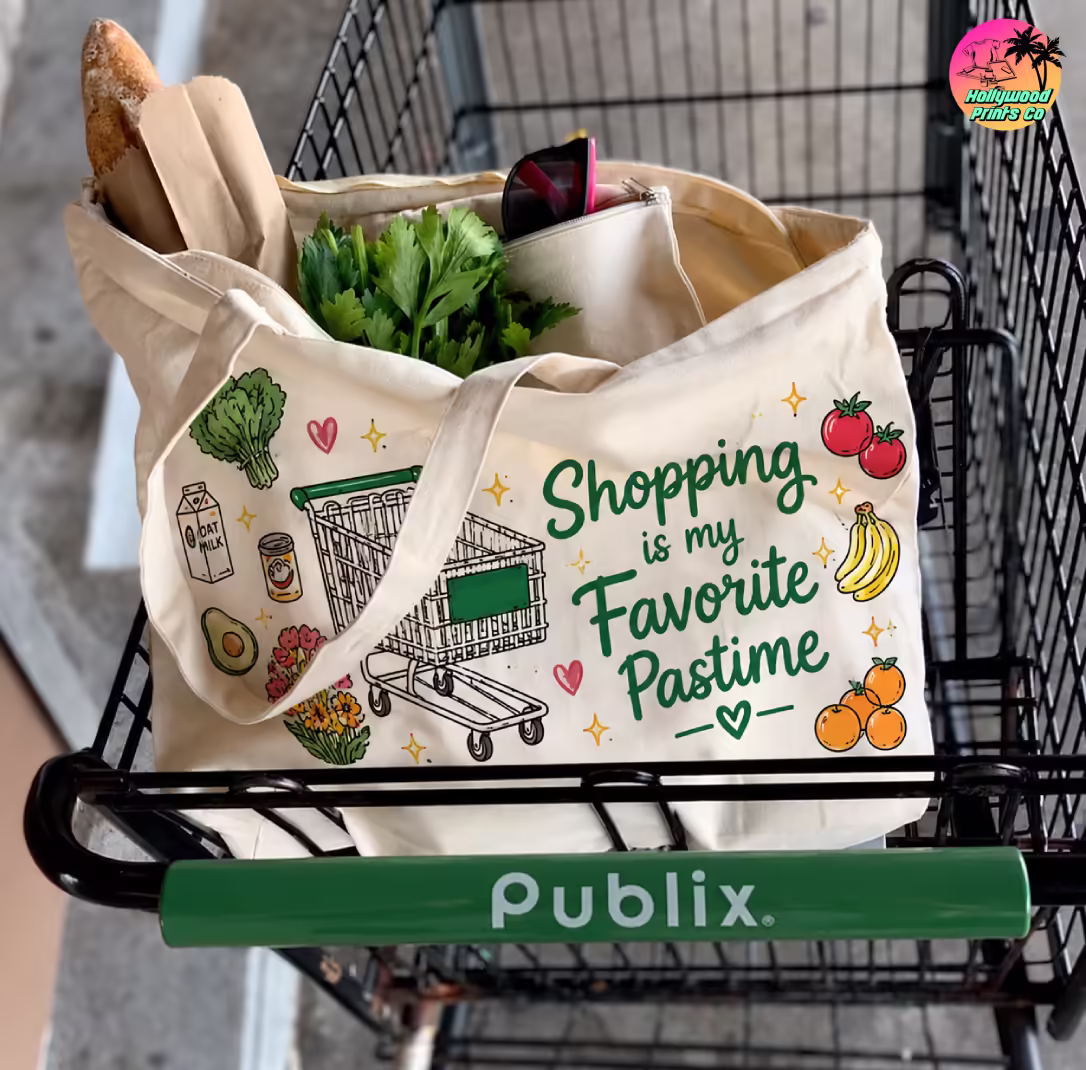 Customer carrying a personalized canvas tote bag featuring a small business while shopping