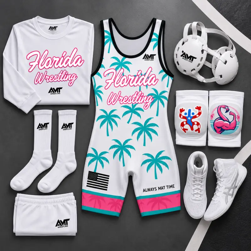 Wrestling gear including knee pads wrestling shoes and team apparel