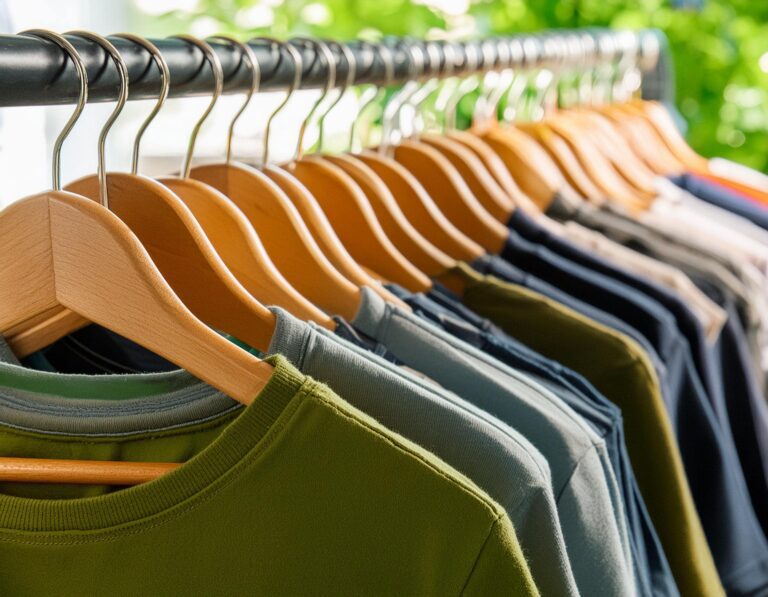 A side view of a rack of t-shirts hanging.