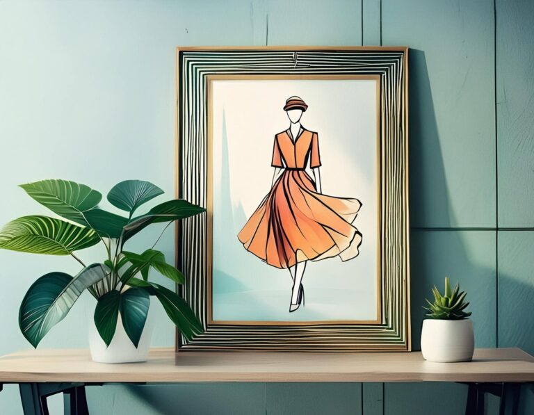An aesthetically pleasing print of a fashion design in a frame by a plant.