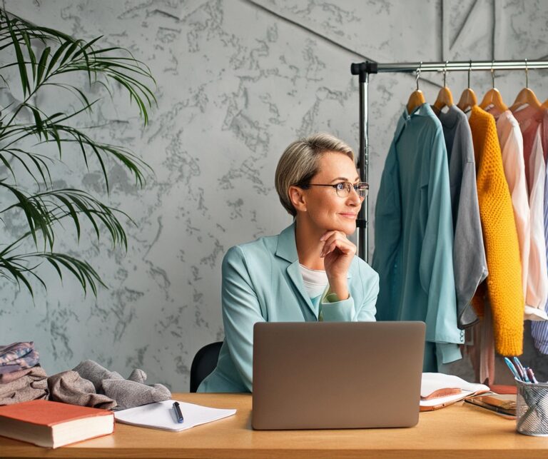 A woman sitting at her desk thinking in front of her laptop. A garment rack sits to the right of her along with a plant sitting on her left.